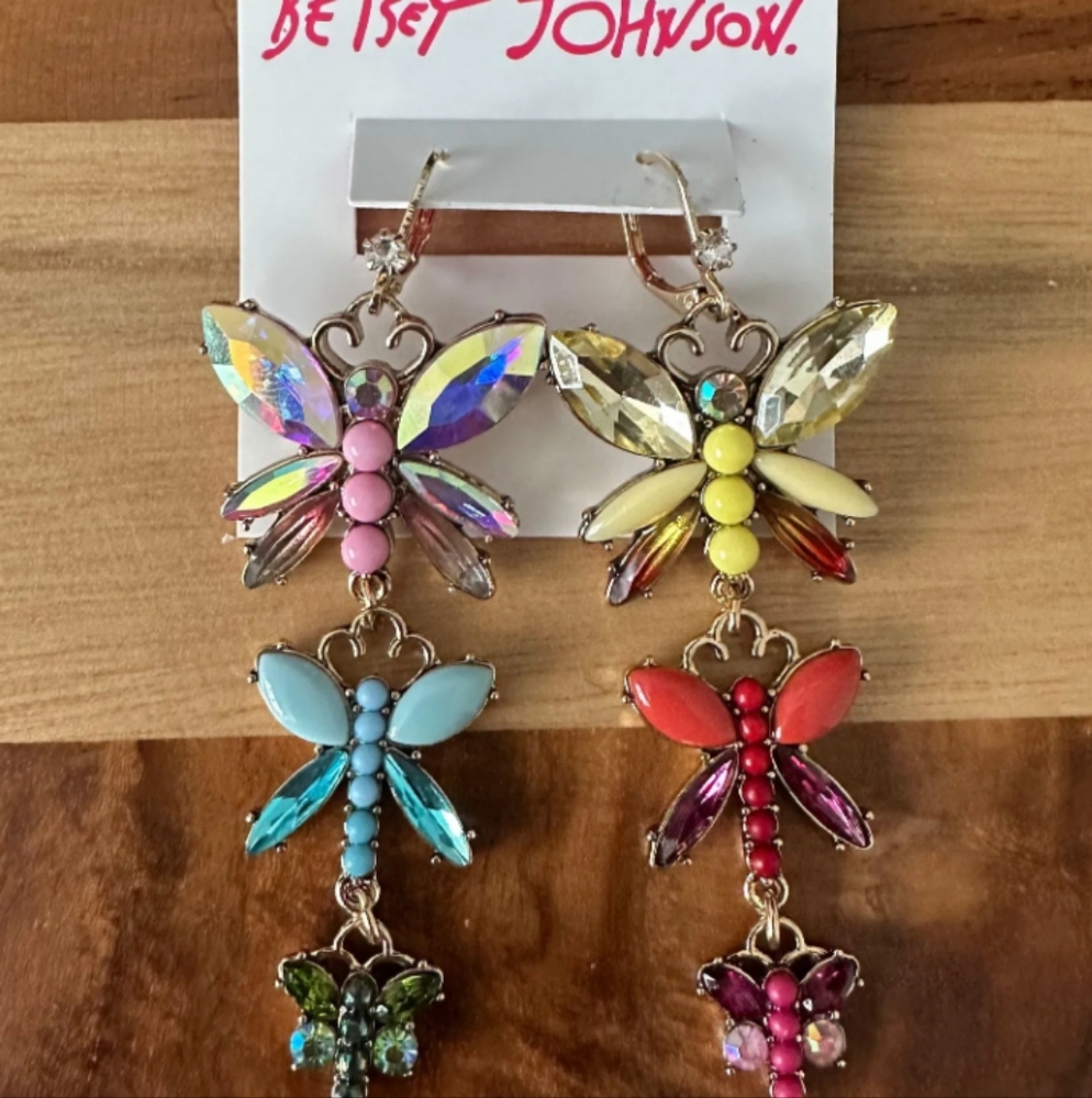 Betsey Johnson Love Fest Butterfly Linear Multicolor Crystal Earrings